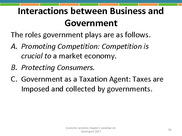 Interactions between Business and Government The roles government plays are as follows. A. Promoting