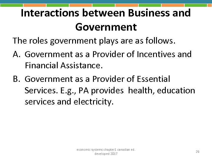 Interactions between Business and Government The roles government plays are as follows. A. Government