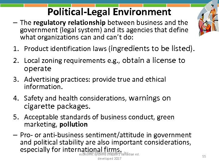 Political-Legal Environment – The regulatory relationship between business and the government (legal system) and