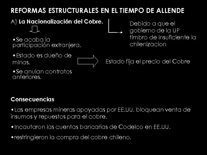 REFORMAS ESTRUCTURALES EN EL TIEMPO DE ALLENDE A) La Nacionalización del Cobre. • Se