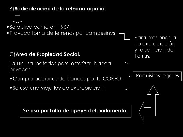 B)Radicalizacion de la reforma agraria. • Se aplica como en 1967. • Provoca toma