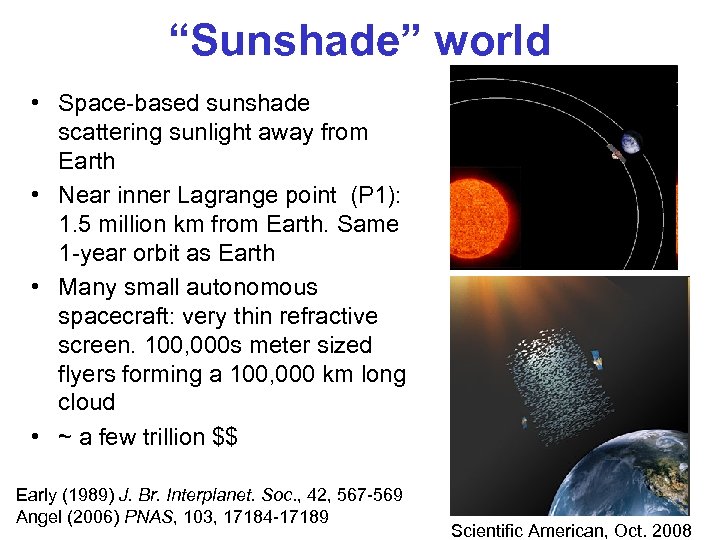 “Sunshade” world • Space-based sunshade scattering sunlight away from Earth • Near inner Lagrange