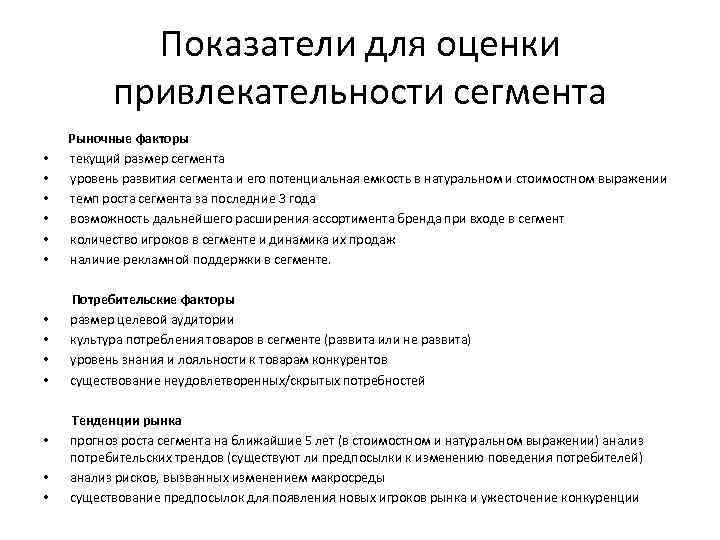 Показатели для оценки привлекательности сегмента • • • • Рыночные факторы текущий размер сегмента