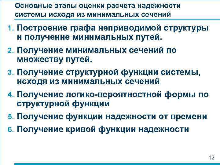 Основные этапы оценки расчета надежности системы исходя из минимальных сечений 1. Построение графа неприводимой