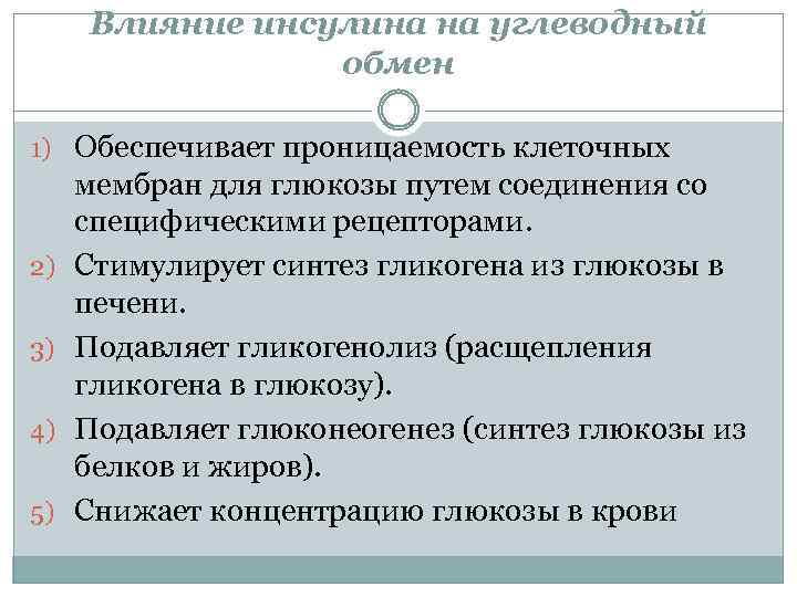 Влияние инсулина на углеводный обмен 1) Обеспечивает проницаемость клеточных 2) 3) 4) 5) мембран