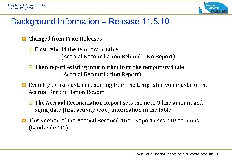 Douglas Volz Consulting, Inc. January 17 th, 2008 Background Information – Release 11. 5.
