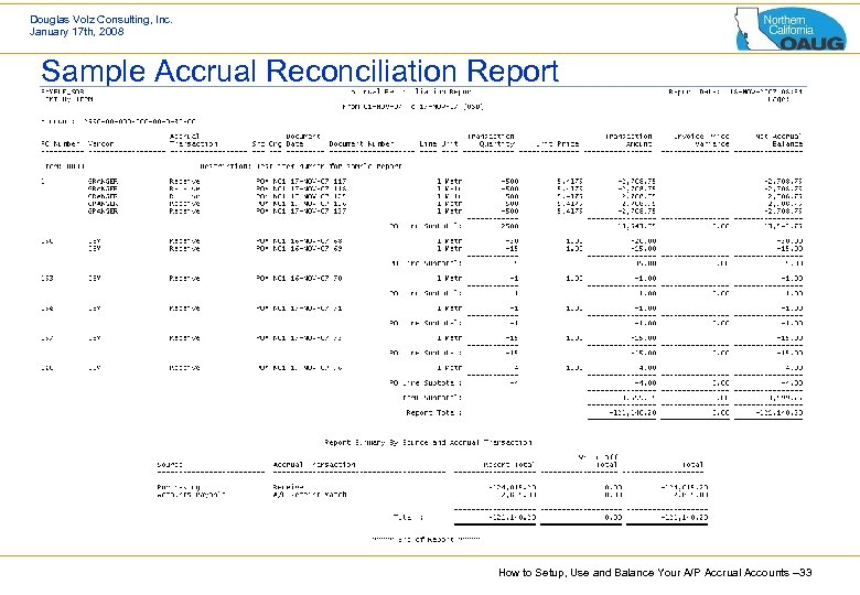 Douglas Volz Consulting, Inc. January 17 th, 2008 Sample Accrual Reconciliation Report How to