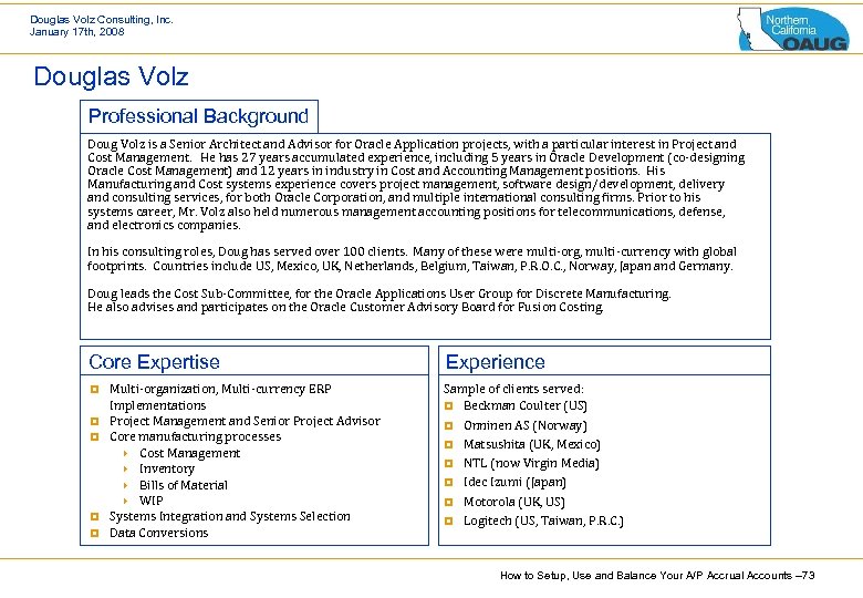 Douglas Volz Consulting, Inc. January 17 th, 2008 Douglas Volz Professional Background Doug Volz