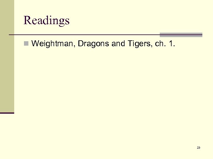 Readings n Weightman, Dragons and Tigers, ch. 1. 23 