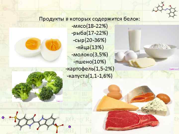 Продукты в которых содержится белок: мясо(18 22%) рыба(17 22%) сыр(20 36%) яйца(13%) молоко(3, 5%)