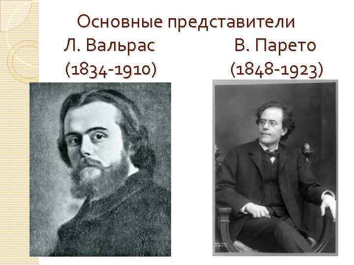  Основные представители Л. Вальрас В. Парето (1834 -1910) (1848 -1923) 