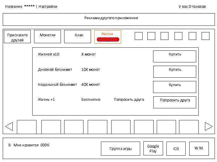 Название ***** | Настройки У вас 0 голосов Реклама другого приложения Пригласите друзей Монетки