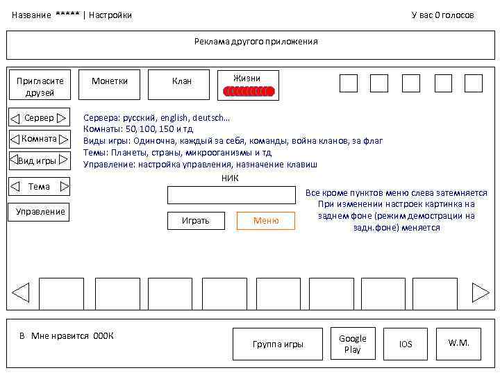 Название ***** | Настройки У вас 0 голосов Реклама другого приложения Пригласите друзей Сервер