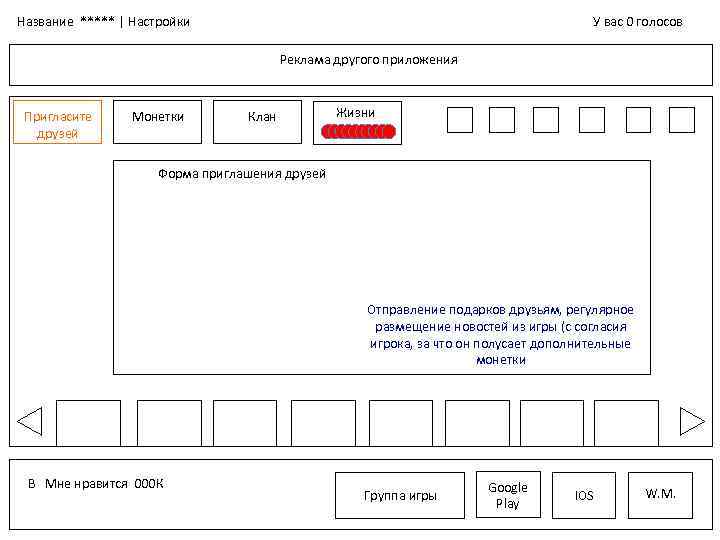 Название ***** | Настройки У вас 0 голосов Реклама другого приложения Пригласите друзей Монетки