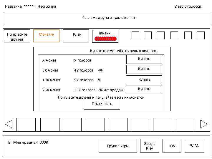 Название ***** | Настройки У вас 0 голосов Реклама другого приложения Пригласите друзей Монетки