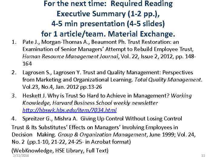 For the next time: Required Reading Executive Summary (1 -2 pp. ), 4 -5