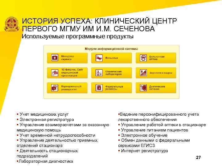 ИСТОРИЯ УСПЕХА: КЛИНИЧЕСКИЙ ЦЕНТР ПЕРВОГО МГМУ ИМ И. М. СЕЧЕНОВА Используемые программные продукты §