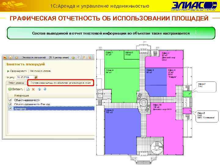 1 С: Аренда и управление недвижимостью ГРАФИЧЕСКАЯ ОТЧЕТНОСТЬ ОБ ИСПОЛЬЗОВАНИИ ПЛОЩАДЕЙ Программа позволяет получить