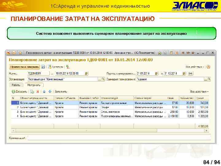 1 С: Аренда и управление недвижимостью ПЛАНИРОВАНИЕ ЗАТРАТ НА ЭКСПЛУАТАЦИЮ Система позволяет выполнять сценарное