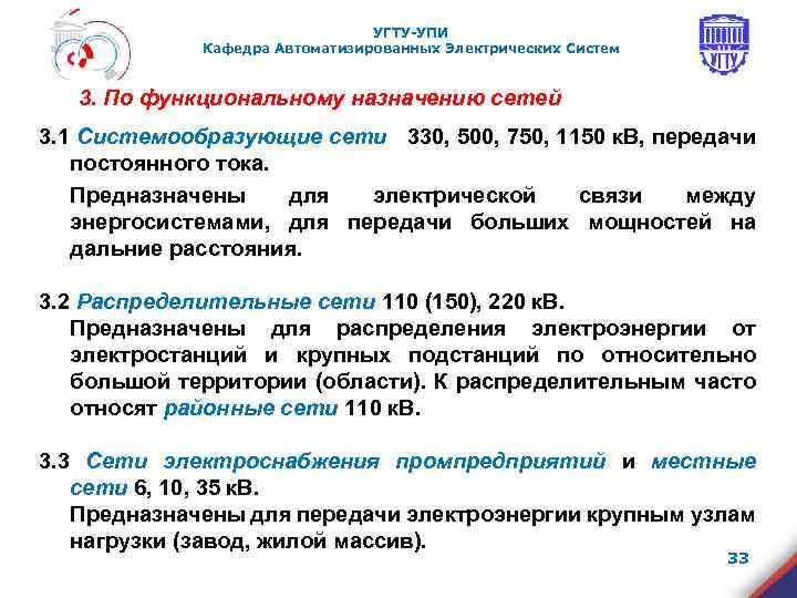 УГТУ-УПИ Кафедра Автоматизированных Электрических Систем 3. По функциональному назначению сетей 3. 1 Системообразующие сети