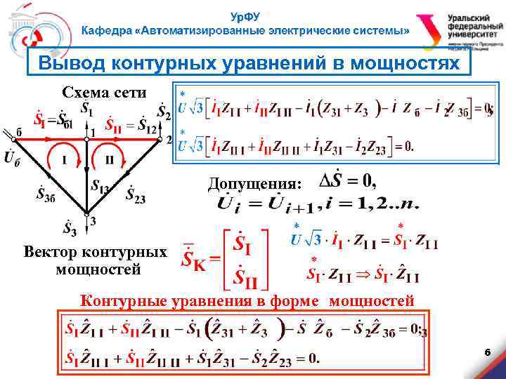 Вывод контурных уравнений в мощностях Схема сети Допущения: Вектор контурных мощностей Контурные уравнения в