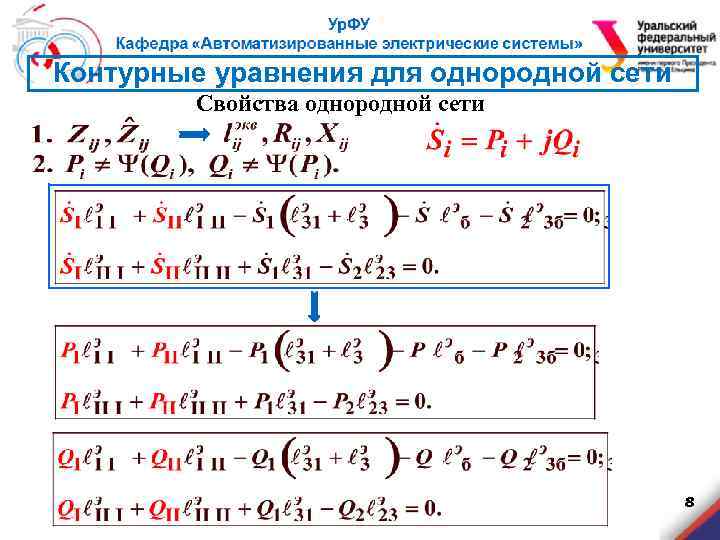 Контурные уравнения для однородной сети Свойства однородной сети 8 