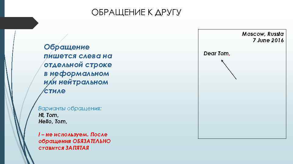ОБРАЩЕНИЕ К ДРУГУ Обращение пишется слева на отдельной строке в неформальном или нейтральном стиле