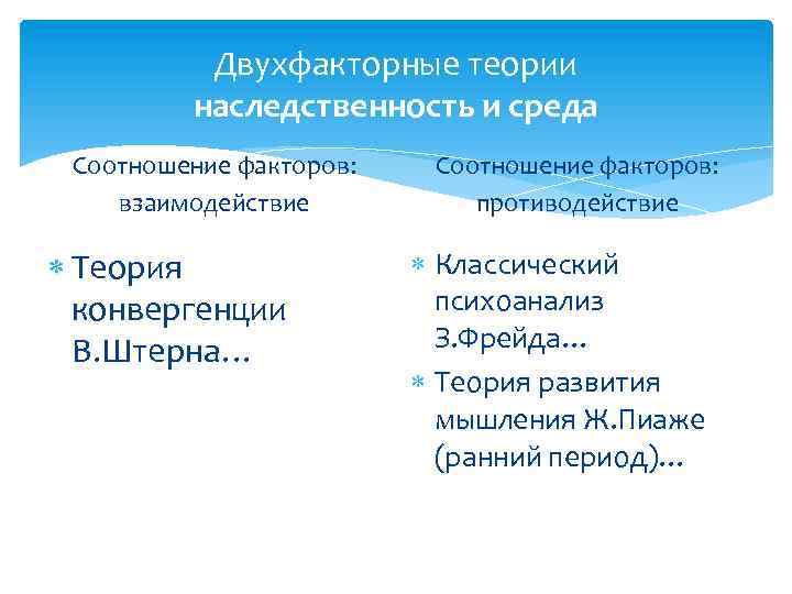 Двухфакторные теории наследственность и среда Соотношение факторов: взаимодействие Теория конвергенции В. Штерна… Соотношение факторов: