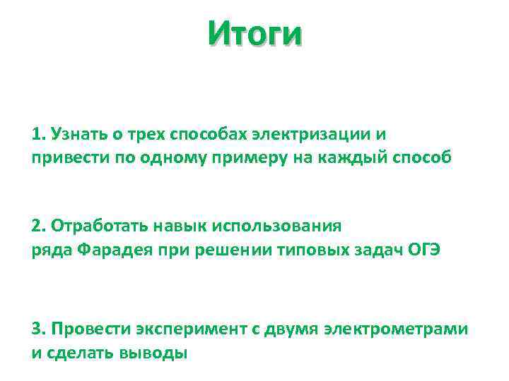Итоги 1. Узнать о трех способах электризации и привести по одному примеру на каждый