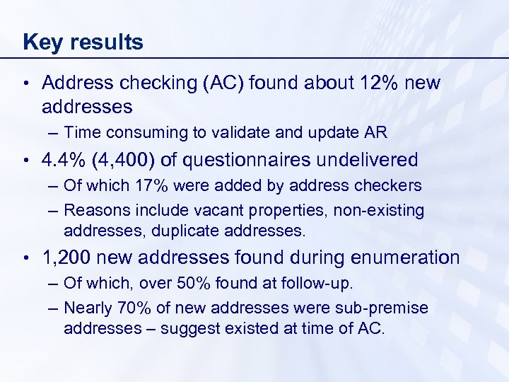 Key results • Address checking (AC) found about 12% new addresses – Time consuming