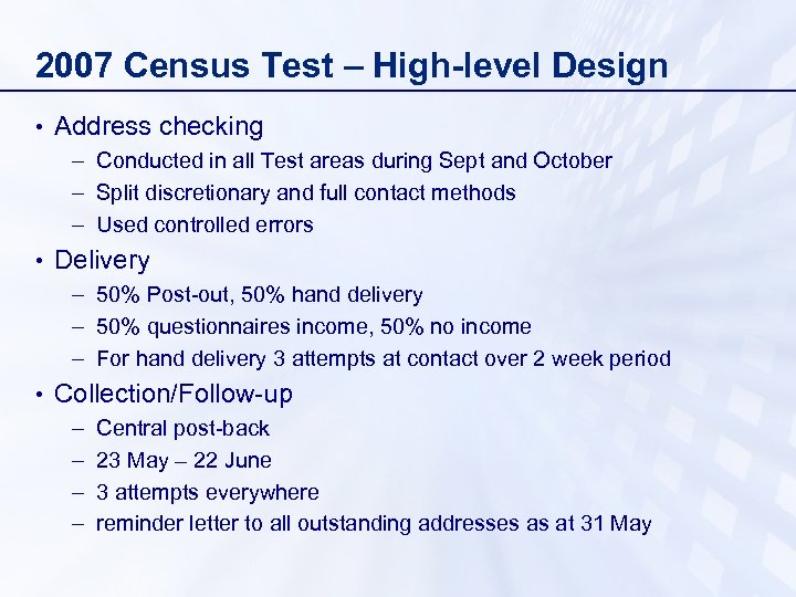 2007 Census Test – High-level Design • Address checking – Conducted in all Test