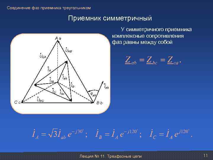Соединение фаз приемника треугольником Приемник симметричный У симметричного приемника комплексные сопротивления фаз равны между