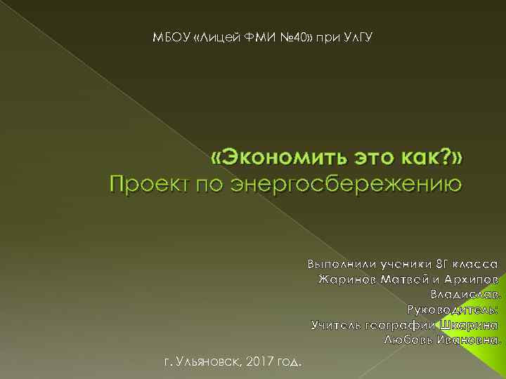 МБОУ «Лицей ФМИ № 40» при Ул. ГУ «Экономить это как? » Проект по