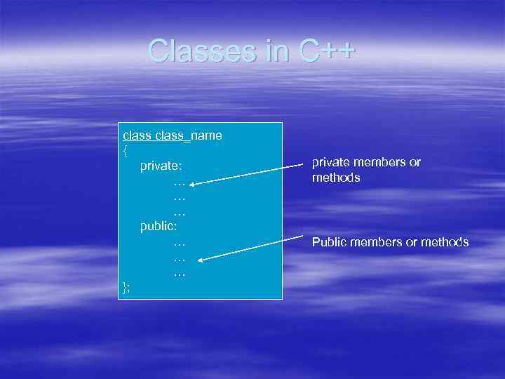 Classes in C++ class_name { private: … … … public: … … … };
