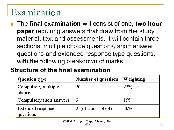 Examination The final examination will consist of one, two hour paper requiring answers that