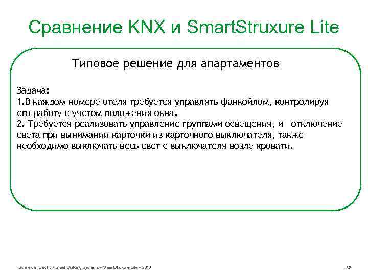 Сравнение KNX и Smart. Struxure Lite Типовое решение для апартаментов Задача: 1. В каждом