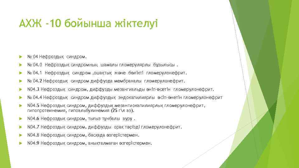 АХЖ -10 бойынша жіктелуі № 04 Нефроздық синдром. № 04. 0 Нефроздық синдромның шамалы