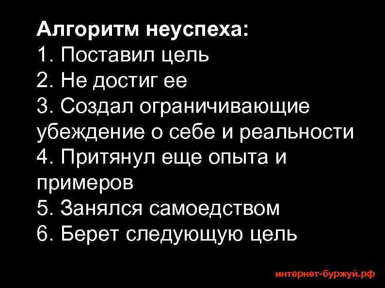Алгоритм неуспеха: 1. Поставил цель 2. Не достиг ее 3. Создал ограничивающие убеждение о