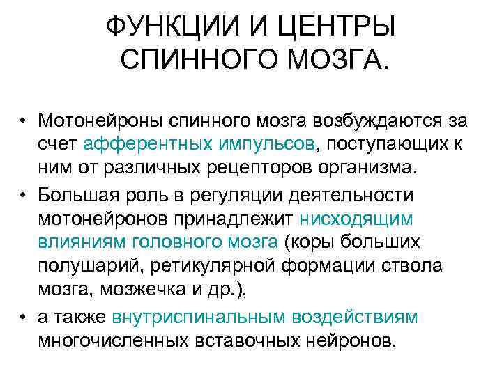 ФУНКЦИИ И ЦЕНТРЫ СПИННОГО МОЗГА. • Мотонейроны спинного мозга возбуждаются за счет афферентных импульсов,