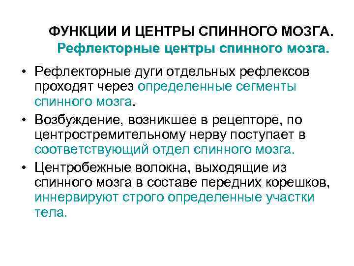 ФУНКЦИИ И ЦЕНТРЫ СПИННОГО МОЗГА. Рефлекторные центры спинного мозга. • Рефлекторные дуги отдельных рефлексов