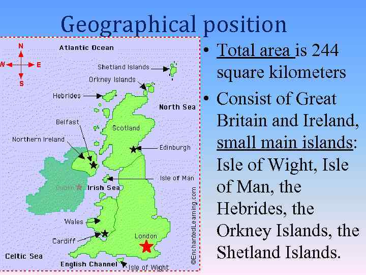 Geographical position • Total area is 244 square kilometers • Consist of Great Britain