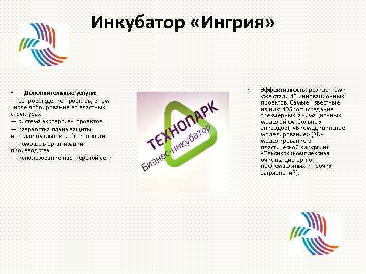 Инкубатор «Ингрия» • Дополнительные услуги: — сопровождение проектов, в том числе лоббирование во властных