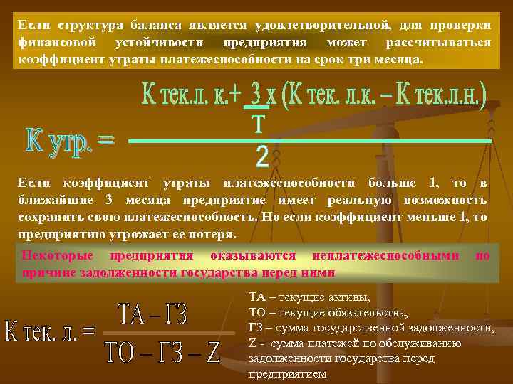 Если структура баланса является удовлетворительной, для проверки финансовой устойчивости предприятия может рассчитываться коэффициент утраты