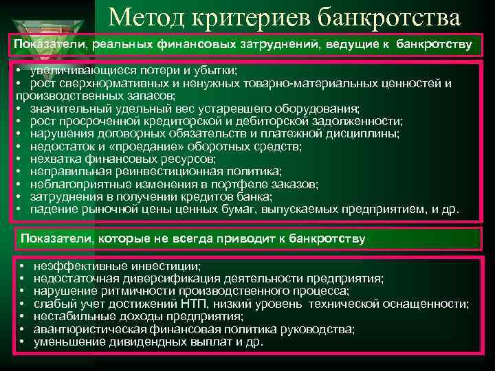 Метод критериев банкротства Показатели, реальных финансовых затруднений, ведущие к банкротству • увеличивающиеся потери и