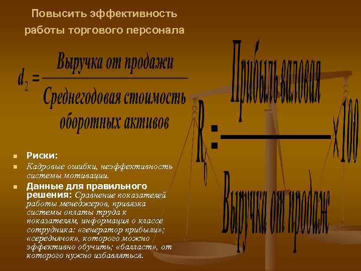 Повысить эффективность работы торгового персонала n n n Риски: Кадровые ошибки, неэффективность системы мотивации.