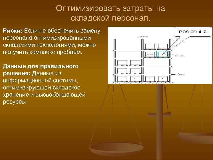 Оптимизировать затраты на складской персонал. Риски: Если не обеспечить замену персонала оптимизированными складскими технологиями,