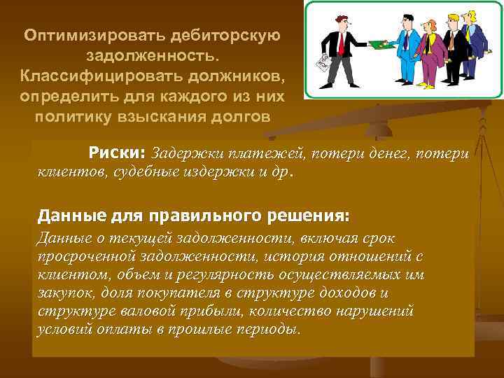 Оптимизировать дебиторскую задолженность. Классифицировать должников, определить для каждого из них политику взыскания долгов Риски: