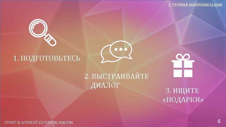 1. ТЕОРИЯ ИМПРОВИЗАЦИИ 1. ПОДГОТОВЬТЕСЬ 2. ВЫСТРАИВАЙТЕ ДИАЛОГ EVENT DJ АЛЕКСЕЙ СЕЛЕЗНЕВ, МОСКВА 3.