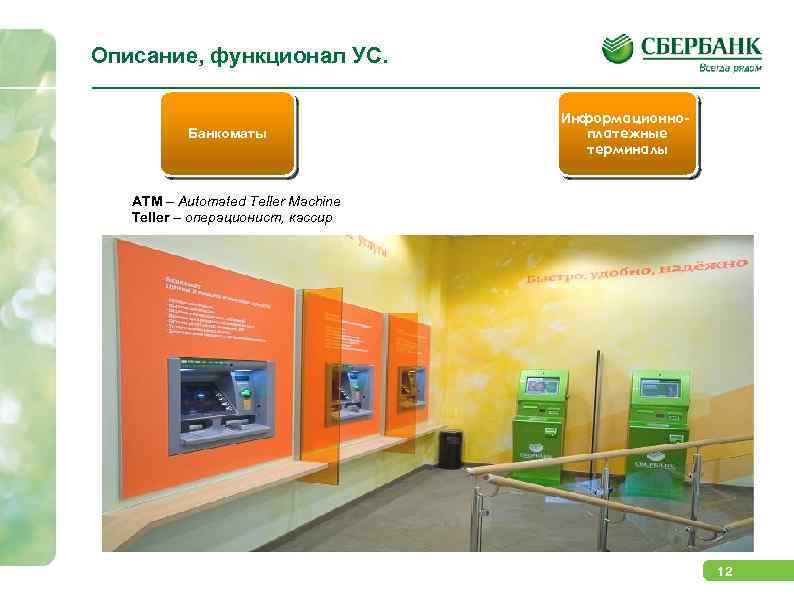 Описание, функционал УС. Банкоматы Информационноплатежные терминалы ATM – Automated Teller Machine Teller – операционист,