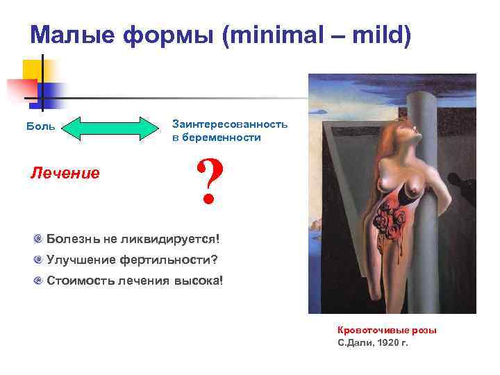 Малые формы (minimal – mild) Боль Лечение Заинтересованность в беременности ? Болезнь не ликвидируется!
